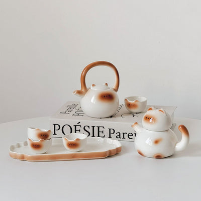 Cat-Shaped Tea Set with Warmer – Cute Ceramic Kitty Teapot Set