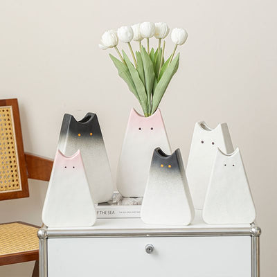 Cute Abstract Cat Face Ceramic Vase – Modern Minimalist Decor