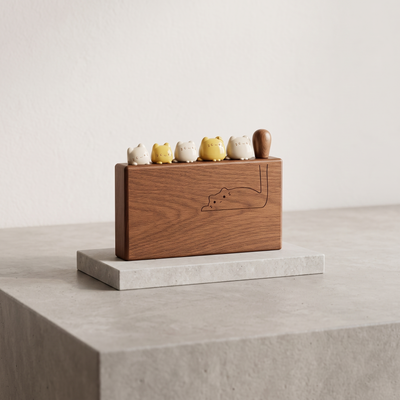 Ceramic Cat Fruit Fork Set with Wooden Box